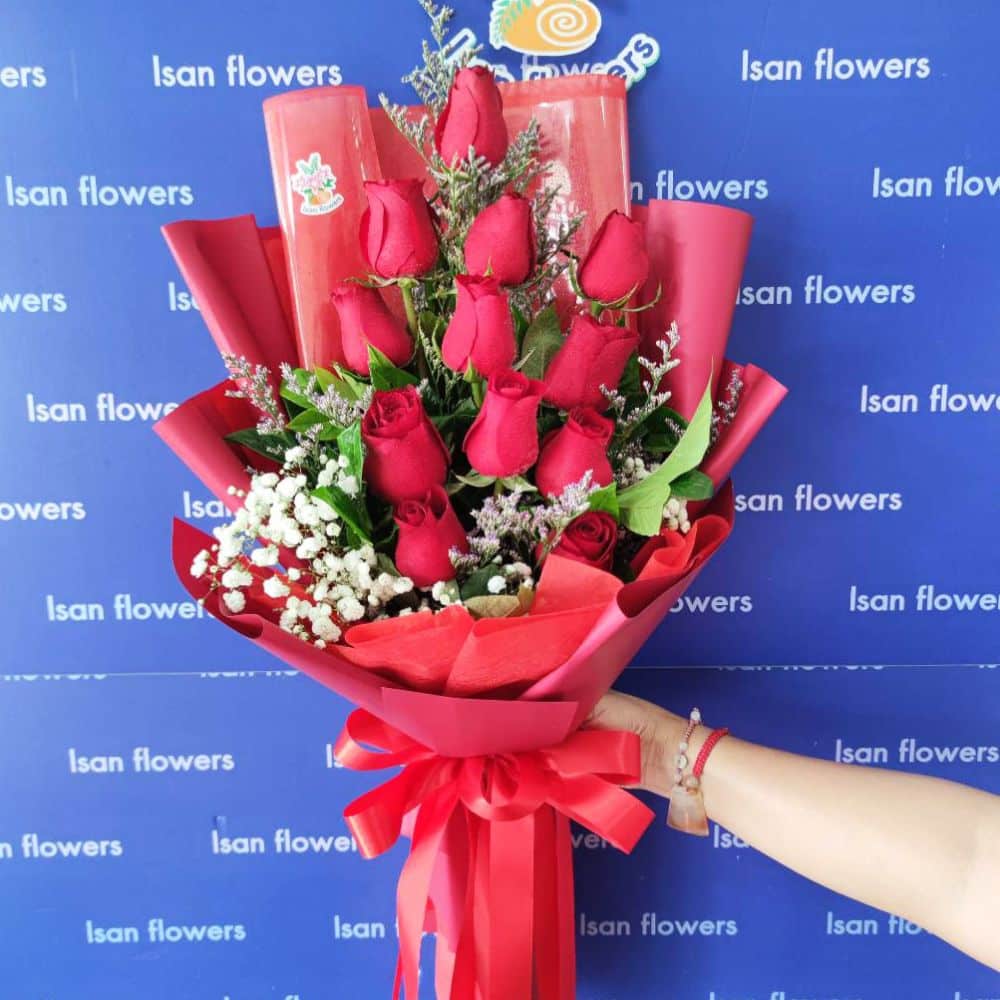 12 big red roses in red tall bouquet a