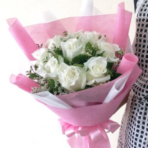 9-25 Big White Roses in Pink & White - Round Bouquet A