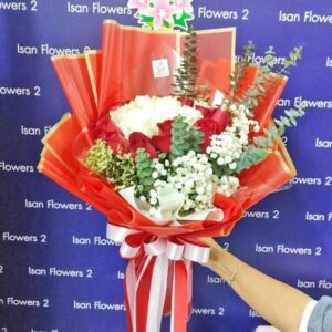 9-25 Big Red & White Roses in Red - Round Bouquet A