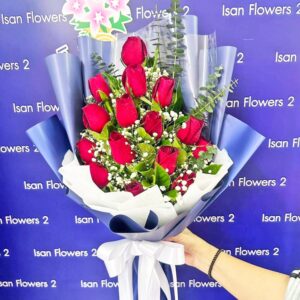 9-18 Big Red Roses in Dark Blue - Tall Bouquet A