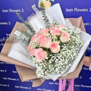 9-25 Big Pink Roses in White & Brown - Round Bouquet A