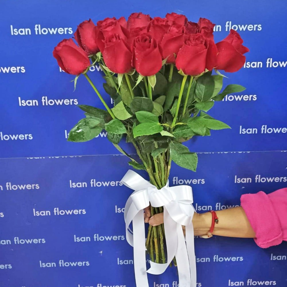 21 big red roses stems only