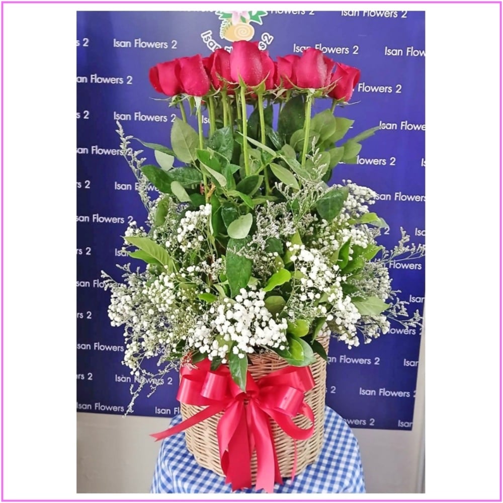 21 big red roses tall in basket a pre