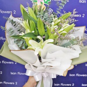 3-4 White Lily Stems in White & Green - Round Bouquet