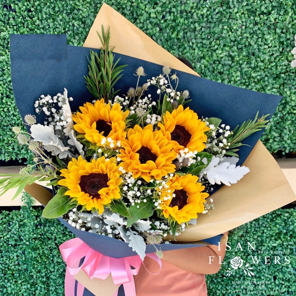 5 sunflowers in brown and black round bouquet pre