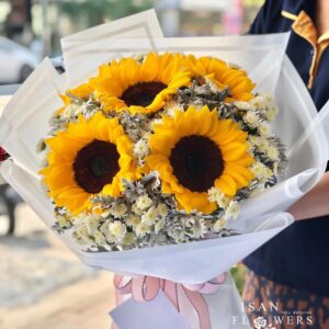 5 Sunflowers in White - Round Bouquet