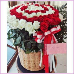 75-101 Big Red & White Roses - Tall in Basket A