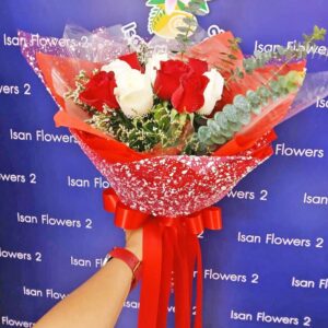 9-25 Big Red & White Roses in Red - Round Bouquet B