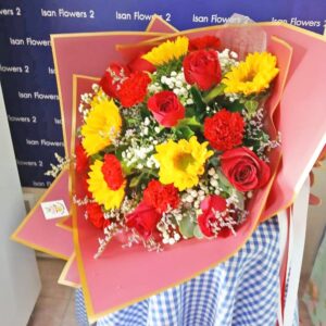 Sunflowers with Red Roses & Carnations in Red - Round Bouquet B