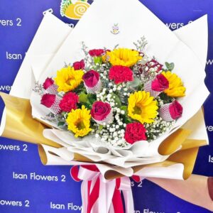Sunflowers with Red Roses & Carnations in Gold & White - Round Bouquet