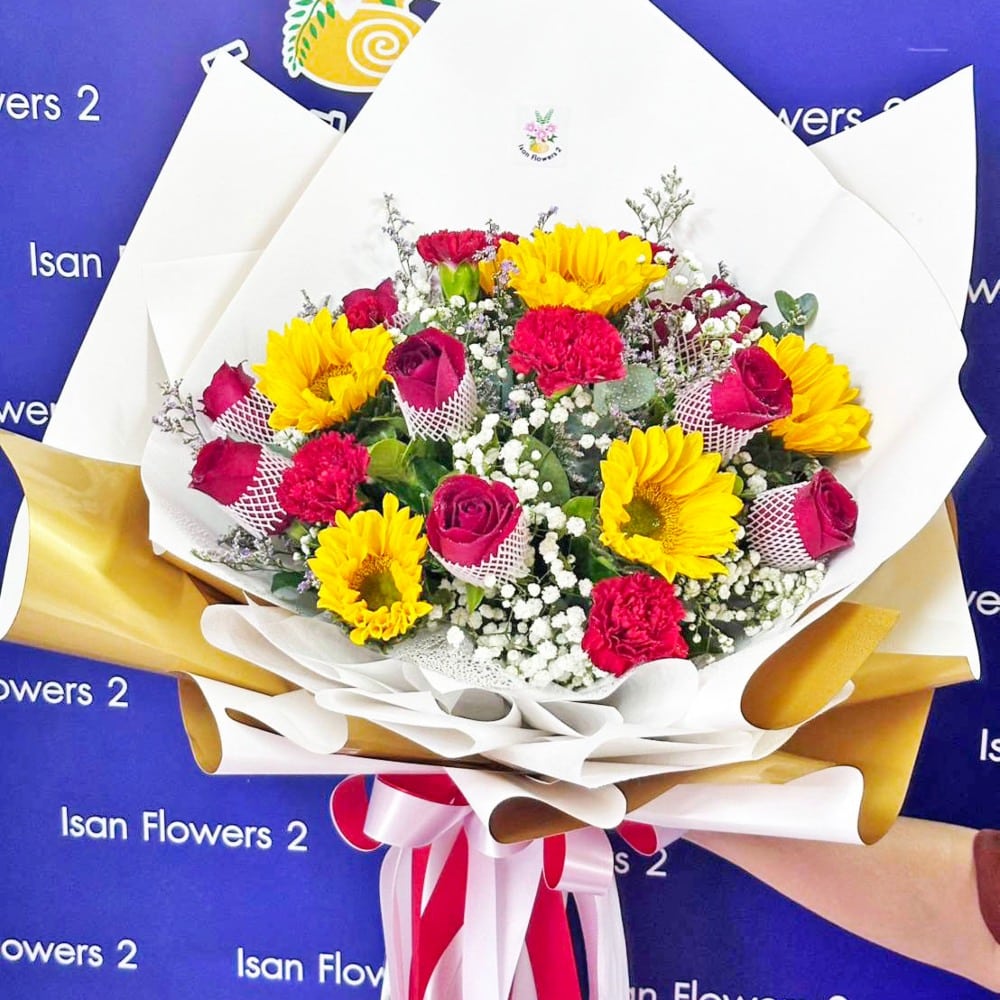6 sunflowers 9 big red roses and carnations in white and gold round bouquet