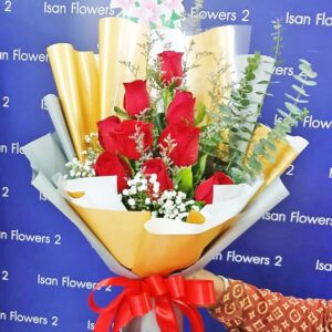 9-18 Big Red Roses in Gold & Grey - Tall Bouquet A