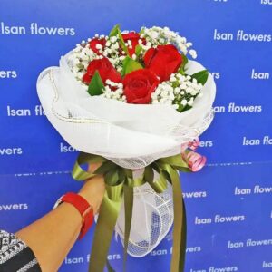 9-25 Big Red Roses in White - Round Bouquet A