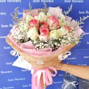 9-25 Big Pink & White Roses in Brown & Pink - Round Bouquet B