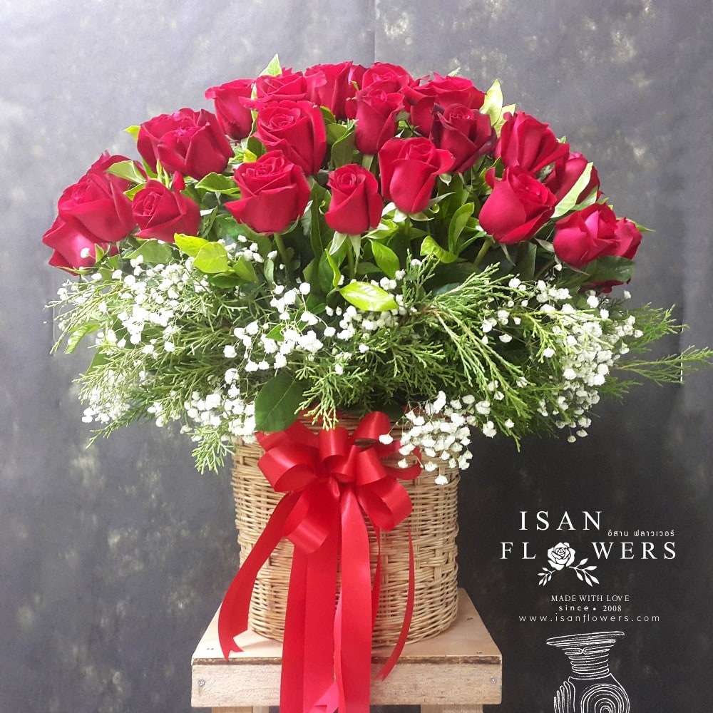99 big red roses tall in basket b pre