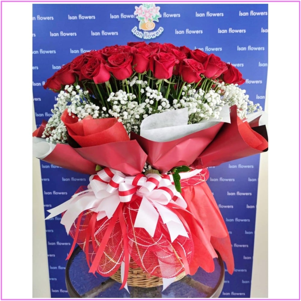 99 big red roses tall in basket c pre