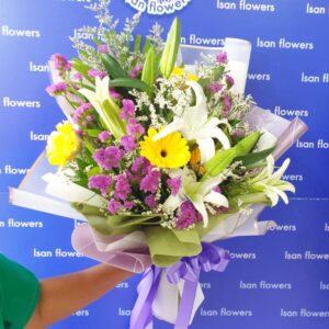 Lilies with Purple & Yellow in White & Green - Round Bouquet A